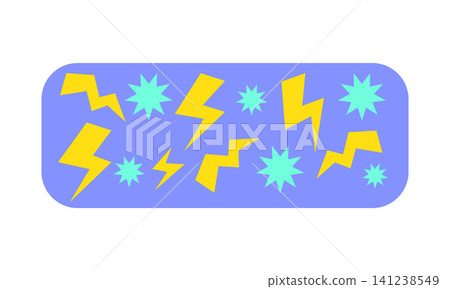 A design features yellow lightning bolts and light blue stars across a purple background. The shapes vary in size and arrangement, creating an energetic appearance. A design features yellow lightning bolts and light blue stars across a purple background. The shapes vary in size and arrangement, creating an energetic appearance. 141238549