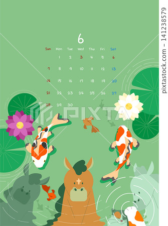 The month of June with colorful koi fish swimming around. A horse is in the center. Lily pads and flowers add to the scene. The days of the week are shown above. The month of June with colorful koi fish swimming around. A horse is in the center. Lily pads and flowers add to the scene. The days of the week are shown above. 141238579