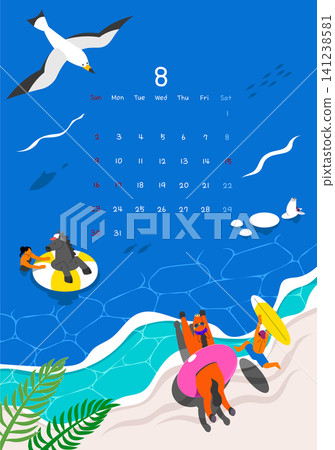 People float on tubes in the sea while a bird flies above. A beach scene shows a mix of humans and animals enjoying the sunny day in August. 141238581