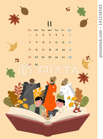 Two children sit by an open book on the ground surrounded by animals. Colorful leaves and flowers are nearby, showing the autumn season. Two children sit by an open book on the ground surrounded by animals. Colorful leaves and flowers are nearby, showing the autumn season. 141238583