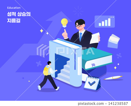 A person walks towards a large book with stairs. Another person stands holds a light and papers. Charts and check marks appear, showing educational themes. 141238587