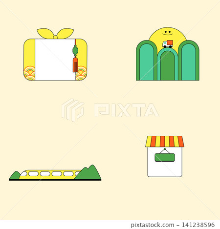 Four simple designs are displayed. They include a gift box, a character behind a fence, a train, and a shop. These items represent a joyful event. Four simple designs are displayed. They include a gift box, a character behind a fence, a train, and a shop. These items represent a joyful event. 141238596