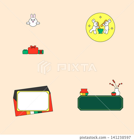Festive designs show gifts along with two rabbits and a small table with a vase. These add a fun touch to a celebration. Festive designs show gifts along with two rabbits and a small table with a vase. These add a fun touch to a celebration. 141238597