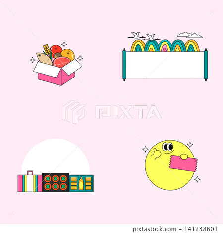 Illustrations show a box filled with fruits, a sushi tray, a smiling sun holding a ticket, and a colorful artwork. Each element highlights enjoyment of food and travel. Illustrations show a box filled with fruits, a sushi tray, a smiling sun holding a ticket, and a colorful artwork. Each element highlights enjoyment of food and travel. 141238601