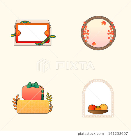 Different designs show decorative boxes and frames with patterns. Each design features autumn leaves and colors. The style is simple and clear. 141238607