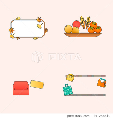 Fruits are placed on a wooden plate, with decorative items nearby. Envelopes and small gifts are arranged together, showing a festive theme. Colors are simple and bright. 141238610