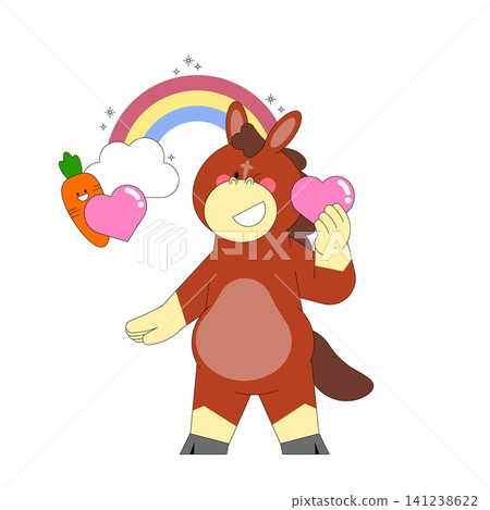 A character dressed in a red costume stands smiling while holding pink hearts. A rainbow and a smiling carrot are in the background. The scene is bright and fun. 141238622