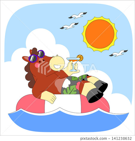 A cartoon horse relaxes on a float in water. It wears sunglasses and holds a drink. The sun shines bright in the sky with clouds and seagulls above. A cartoon horse relaxes on a float in water. It wears sunglasses and holds a drink. The sun shines bright in the sky with clouds and seagulls above. 141238632