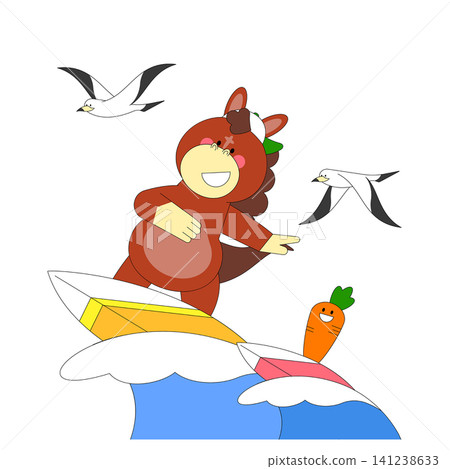 A cartoon character stands on colorful waves while pointing and smiling. Nearby, a carrot figure and seagulls fly in the sky. The scene shows fun and joy at the beach. 141238633