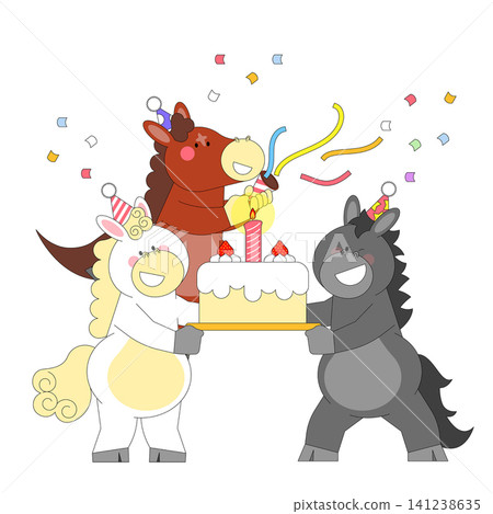 Three cartoon horses are celebrating a birthday. One horse holds a cake while the others cheer. Confetti and streamers fill the air. They wear party hats and smile. Three cartoon horses are celebrating a birthday. One horse holds a cake while the others cheer. Confetti and streamers fill the air. They wear party hats and smile. 141238635