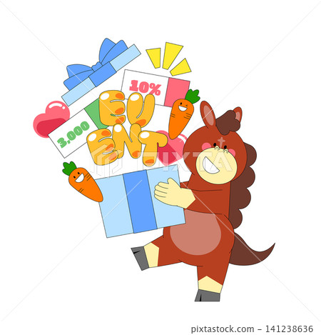 A cartoon horse is holding colorful boxes stacked high. The horse is smiling and there are carrots and playful text around, creating a joyful scene of celebration and fun. A cartoon horse is holding colorful boxes stacked high. The horse is smiling and there are carrots and playful text around, creating a joyful scene of celebration and fun. 141238636