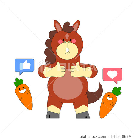 A colorful character dressed as a horse stands with a playful expression. The horse figure gives thumbs up, and two smiling carrots are positioned on either side. A colorful character dressed as a horse stands with a playful expression. The horse figure gives thumbs up, and two smiling carrots are positioned on either side. 141238639