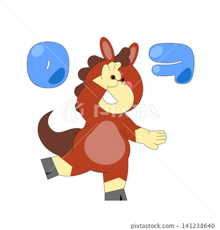 A cartoon character with a red and brown design is running and smiling. It has big eyes and ears. Colorful letters are nearby. The scene looks bright and cheerful. 141238640