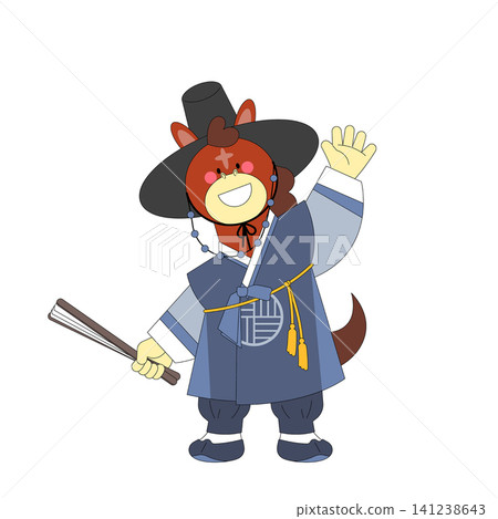 A cartoon character stands and waves, dressed in traditional clothing with a large hat. The character has a humanoid face with animal features. A cartoon character stands and waves, dressed in traditional clothing with a large hat. The character has a humanoid face with animal features. 141238643