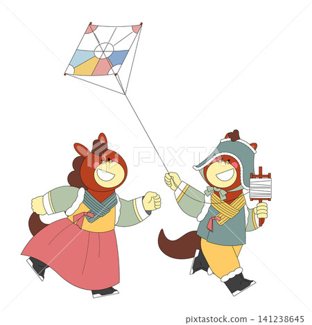 Two children smile as they fly a colorful kite on a sunny day. One child holds the string while the other wears traditional clothing and enjoys the moment. Two children smile as they fly a colorful kite on a sunny day. One child holds the string while the other wears traditional clothing and enjoys the moment. 141238645