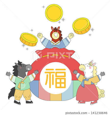 Three animated animals, a horse, a chicken, and a unicorn, gather around a big red bag. They toss gold coins into the air while wearing traditional clothes. Three animated animals, a horse, a chicken, and a unicorn, gather around a big red bag. They toss gold coins into the air while wearing traditional clothes. 141238646