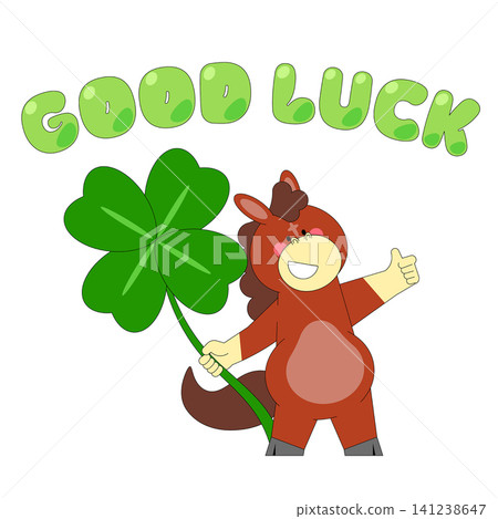 A cartoon horse stands and smiles while holding a big four-leaf clover. Bright letters say good luck above the horse. The scene shows a playful and positive vibe. A cartoon horse stands and smiles while holding a big four-leaf clover. Bright letters say good luck above the horse. The scene shows a playful and positive vibe. 141238647