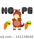 A cartoon character, with a horse-like appearance, stands with arms crossed. The character displays a clear expression of disapproval. Bright colors surround it, with playful text and cartoon carrots. 141238648
