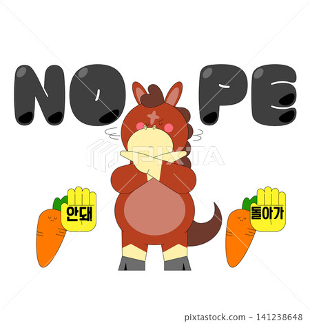 A cartoon character, with a horse-like appearance, stands with arms crossed. The character displays a clear expression of disapproval. Bright colors surround it, with playful text and cartoon carrots. A cartoon character, with a horse-like appearance, stands with arms crossed. The character displays a clear expression of disapproval. Bright colors surround it, with playful text and cartoon carrots. 141238648