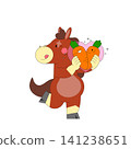 A cartoon horse with a cheerful face holds two carrots in the shape of a heart. The horse looks happy and is in a lighthearted pose, conveying joy and playfulness. 141238651