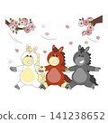 Three cartoon horses play together under blooming cherry blossoms. The white, orange, and black horses hold hands and smile. They appear happy as flowers fall around them. 141238652