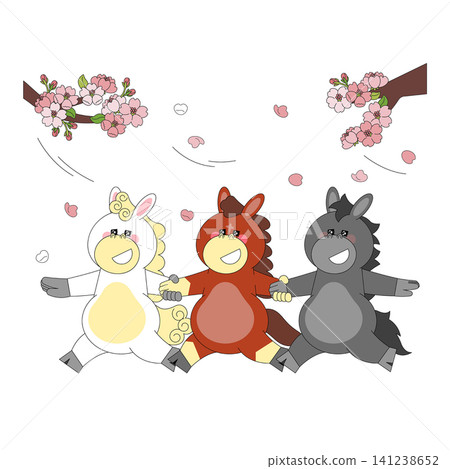 Three cartoon horses play together under blooming cherry blossoms. The white, orange, and black horses hold hands and smile. They appear happy as flowers fall around them. 141238652