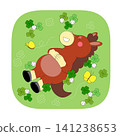 A cartoon horse is lying on soft green grass. It looks happy as it rests with its eyes closed. Four-leaf clovers and butterflies surround the horse in the grass. 141238653