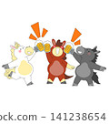 Three cartoon animals celebrate together by raising their drinks. One is a white horse, another is a red animal, and the last is a black horse. They cheer in a lively scene. 141238654