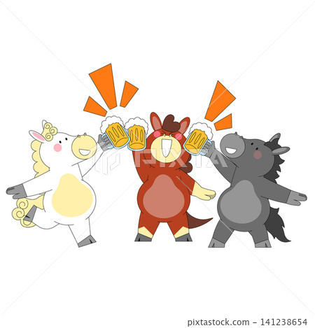 Three cartoon animals celebrate together by raising their drinks. One is a white horse, another is a red animal, and the last is a black horse. They cheer in a lively scene. Three cartoon animals celebrate together by raising their drinks. One is a white horse, another is a red animal, and the last is a black horse. They cheer in a lively scene. 141238654
