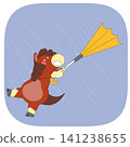 A cartoon horse with brown hair is holding a yellow umbrella against falling rain. The horse looks determined but also faces difficulties in staying dry. 141238655