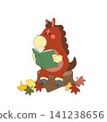A cartoon horse is sitting on a tree stump and reading a green book. Colorful leaves are scattered around the stump. The setting looks like autumn. 141238656
