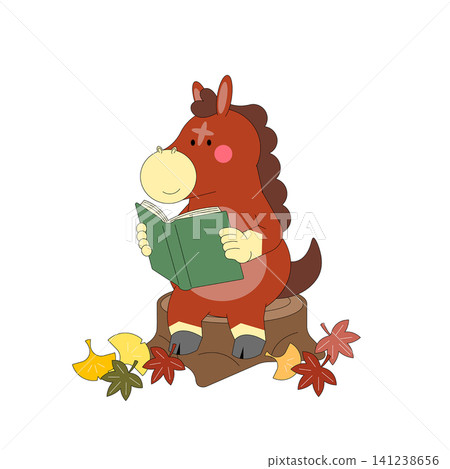A cartoon horse is sitting on a tree stump and reading a green book. Colorful leaves are scattered around the stump. The setting looks like autumn. A cartoon horse is sitting on a tree stump and reading a green book. Colorful leaves are scattered around the stump. The setting looks like autumn. 141238656