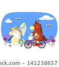 A cartoon sheep walks with a net in a sunny park while a cartoon horse rides a bicycle nearby. Flowers bloom around them under a clear blue sky with clouds. 141238657