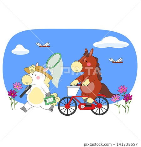 A cartoon sheep walks with a net in a sunny park while a cartoon horse rides a bicycle nearby. Flowers bloom around them under a clear blue sky with clouds. A cartoon sheep walks with a net in a sunny park while a cartoon horse rides a bicycle nearby. Flowers bloom around them under a clear blue sky with clouds. 141238657