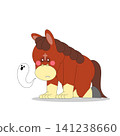 A horse character is shown with a surprised look and a small ghost nearby. The horse is colored in shades of red and has a cartoonish appearance. The scene captures a lighthearted moment. 141238660