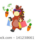 A cartoon character with a brown body and curly hair walks happily while carrying shopping bags. The character holds a phone and enjoys a drink with colorful carrots and money around. 141238661