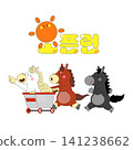 Three cartoon horses run together. One horse points while another sits in a shopping cart. A bright sun is above them. Fun and playful colors fill the scene. 141238662