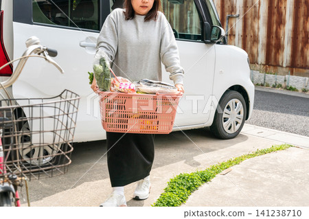 A housewife in her 40s carrying a shopping basket and a small car on her way home from the supermarket. A housewife in her 40s carrying a shopping basket and a small car on her way home from the supermarket. 141238710