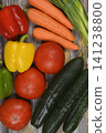 Top-Down View of Various Fresh Vegetables on a Wooden Table 141238800