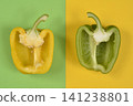 Top-Down View of Halved Yellow and Green Bell Peppers on Contrasting Background 141238801