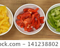 Close Up View of Sliced Colorful Bell Peppers in White Bowls 141238802