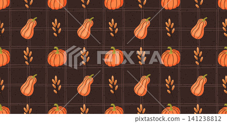 Gingham mushroom seamless pattern with striped pumpkin and cute bg line watercolor illustration. Fabric agaric print in floral vector texture for thanksgiving leaves and adorable halloween. Gingham mushroom seamless pattern with striped pumpkin and cute bg line watercolor illustration. Fabric agaric print in floral vector texture for thanksgiving leaves and adorable halloween. 141238812