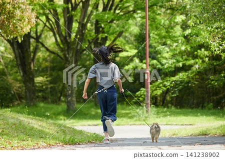 A teenage girl in casual clothes is seen walking in a park in spring, carrying a cute Pomeranian puppy. A teenage girl in casual clothes is seen walking in a park in spring, carrying a cute Pomeranian puppy. 141238902
