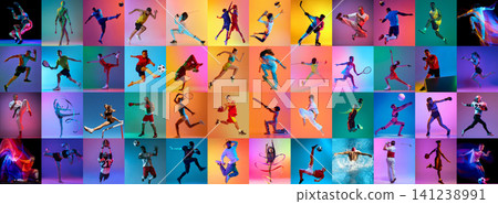 Colorful sports collage with diverse athletes performing multiple competitive disciplines. Colorful sports collage with diverse athletes performing multiple competitive disciplines. 141238991