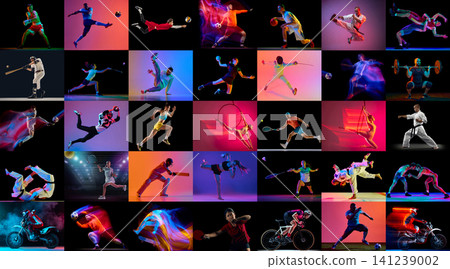 Neon sports collection with athletes performing dynamic actions on dark backgrounds 141239002