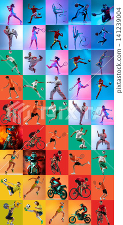 Colorful social media set of diverse athletes performing multiple sports in dynamic studio action Colorful social media set of diverse athletes performing multiple sports in dynamic studio action 141239004