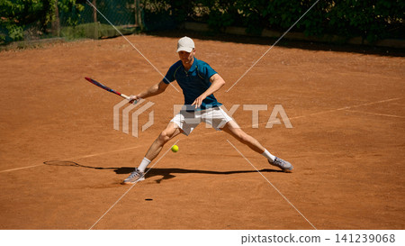 Tennis player lunging wide for ball on clay court during intense rally Tennis player lunging wide for ball on clay court during intense rally 141239068