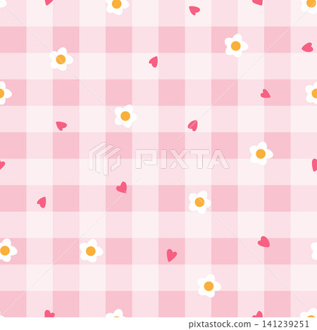 Kawaii simple flowers, and hearts gingham seamless pattern. Stock Vector isolated illustration. Kawaii simple flowers, and hearts gingham seamless pattern. Stock Vector isolated illustration. 141239251