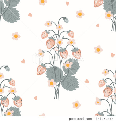 Wild Strawberry Plant with Fruits, Flowers, and hearts pastel seamless pattern. Stock Vector isolated illustration Wild Strawberry Plant with Fruits, Flowers, and hearts pastel seamless pattern. Stock Vector isolated illustration 141239252