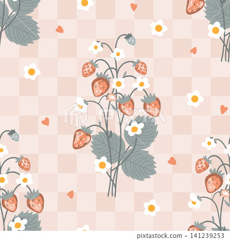 Wild Strawberry Plant with Fruits, Flowers, and hearts pastel seamless pattern. Gingham Vector background. Wild Strawberry Plant with Fruits, Flowers, and hearts pastel seamless pattern. Gingham Vector background. 141239253
